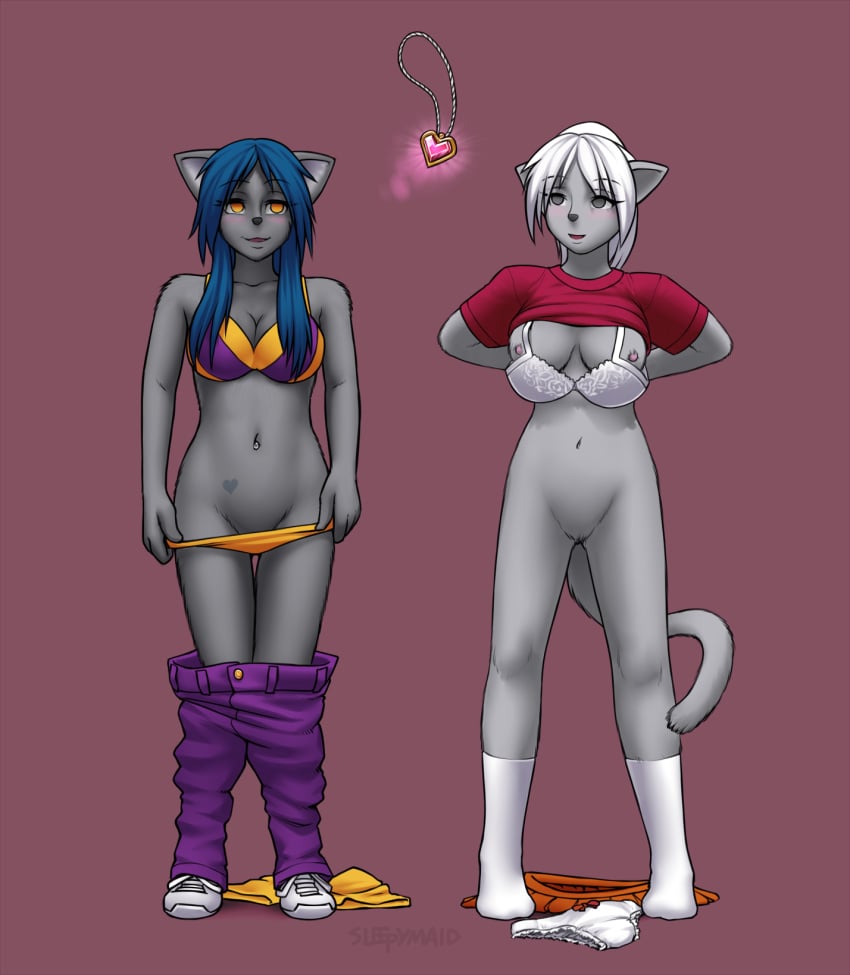 2girls anthro blue_hair bottomless bra breasts feline female femsub fur furry hair hypnosis kaisen mind_control multiple_girls multiple_subs naomi nipples panties sleepymaid socks underwear undressing white_hair