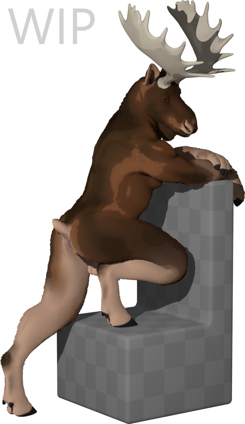 3:4 3d_(artwork) absurd_res anthro antlers anus arkadios ass backsack balls brown_body chair deer digital_media_(artwork) digitigrade fingers furniture gay genitals hi_res hooved_fingertips hooves horn looking_at_viewer male mammal moose new_world_deer simple_background solo tail unfinished