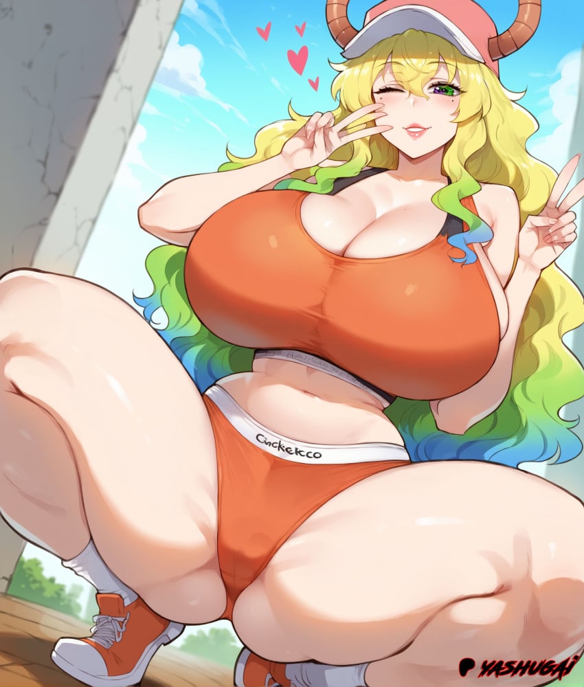 1girls ai_generated blonde_hair blonde_hair_female blush breasts female female_only hat hearts horns hourglass_figure huge_breasts kobayashi-san_chi_no_maidragon long_hair midriff multicolored_hair narrow_waist one_eye_closed outdoors peace_sign quetzalcoatl_(dragon_maid) shoes smiling solo sports_bra sportswear spread_legs squatting tagme thick_thighs thighs twitter_link v voluptuous voluptuous_female wavy_hair winking_at_viewer yashugai