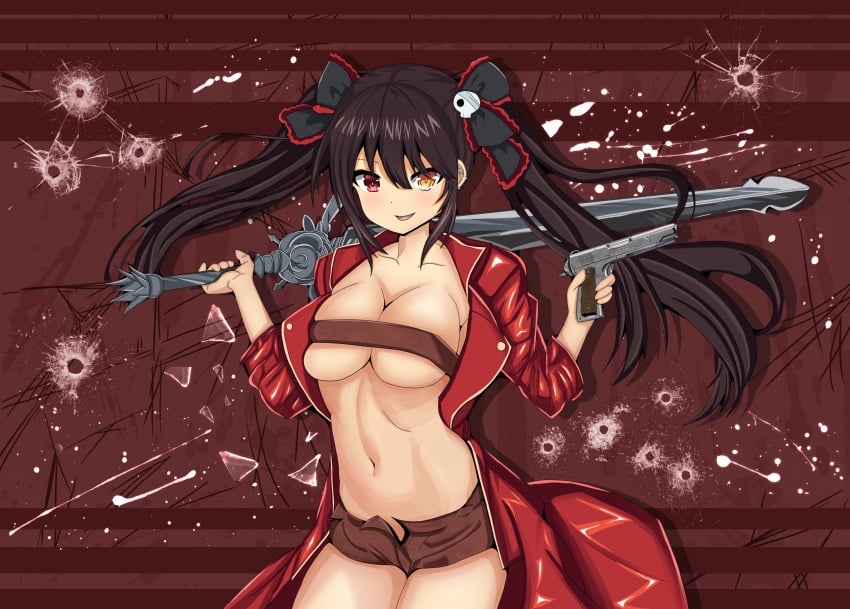 2d black_hair breasts covered_nipples dante_(cosplay) date_a_live exposed_breasts exposed_torso gun heterochromia light-skinned_female red_eyes shorts solo solo_female sword thighs tokisaki_kurumi twintails