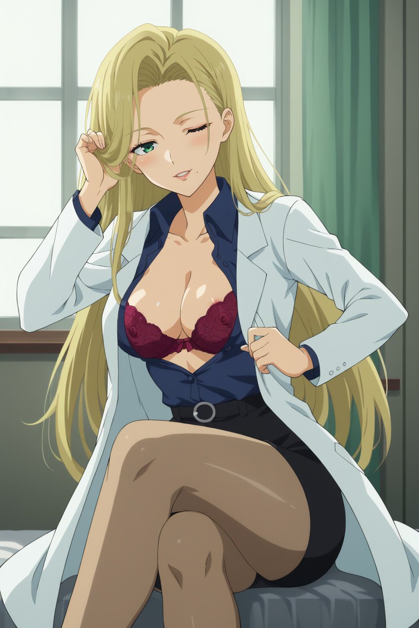 1female 1girls ai_generated blonde_hair_female bra clothed clothed_female clothing commentary_request english_commentary female female_only first_porn_of_character green_eyes green_eyes_female hi_res highres indoors konuki_sayo legs_crossed light-skinned_female light_skin long_hair looking_at_viewer make_heroine_ga_oo_sugiru! milf mixed-language_commentary mole mole_under_mouth mommy one_eye_closed presenting_bra presenting_breasts room smile smiling smiling_at_viewer solo solo_female tagme teasing thick_thighs thighs very_high_resolution visible_nipples wink winking winking_at_viewer