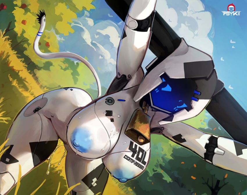 1girls apple blue_eyes blue_nipples blush_lines clouds cow_girl cow_print cowbell female female_only grass horns psyk323 robot robot_girl sky tail tree trees