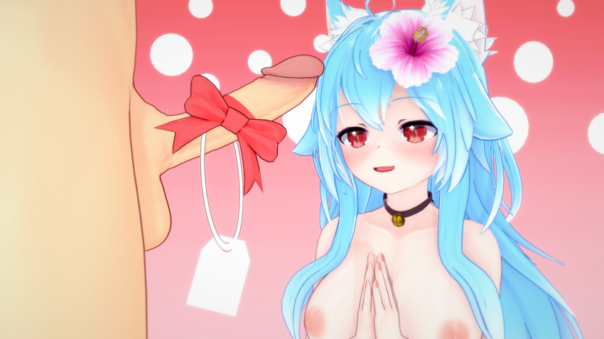 3d 3d_model akiren bell_collar blue_hair boobs breast_out cat_ears cat_girl cat_tail catgirl female flower flower_in_hair gift_wrapped girl hair_ornament hourglass_figure kemonomimi koikatsu lilly_kurusu long_hair neko nekomimi nsfw nude nude_female nudity original original_character penis red_eyes