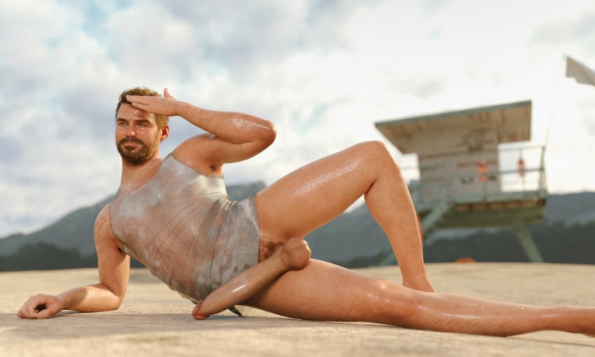 beach bottomless_male facial_hair male_only owen_moore penis pubic_hair wet_shirt