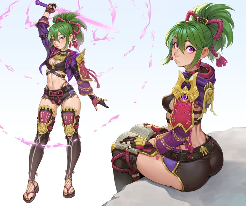 1girls cheshirrr clothed female female_only fishnets fully_clothed genshin_impact green_hair hair_ornament kuki_shinobu painted_nails painted_toenails purple_eyes sandals sword thighhighs thighs