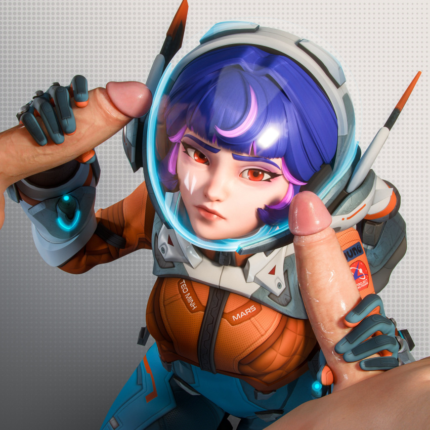 1:1_aspect_ratio 2boys 3d bangs blue_hair blunt_bangs bodysuit breasts clothed_female clothed_female_nude_male clothing double_handjob eclair_stones eclairstones erection female gloved_handjob gloves group group_sex headgear headwear helmet high_resolution juno_(overwatch) large_penis light-skinned_male lips looking_at_viewer male mmf_threesome multicolored_hair multiple_boys multiple_penises nude nude_male overwatch overwatch_2 penis pink_hair polka_dot purple_hair red_eyes sex short_hair solo_focus space_helmet spacesuit straight streaked_hair tekoki testicles threesome two-tone_hair veins veiny_penis very_high_resolution