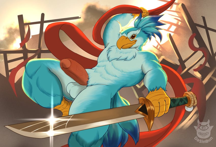 anthro avian balls beak bird blue_body dasinbun digital_drawing_(artwork) digital_media_(artwork) dota dota_2 erection fur genitals hi_res holding_object holding_weapon kez_(dota) male melee_weapon solo sword valve weapon