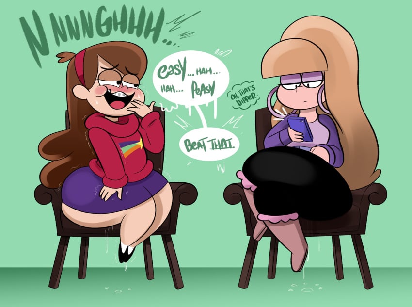 2girls armchair ass ass_focus blonde_hair bodily_fluids braces brown_hair chair clothed clothing crossed_legs dildo disney_channel earrings english_text female floor gravity_falls hoop_earrings huge_ass huge_butt human jacket light-skinned_female light_skin long_hair mabel_pines ota_(artist) pacifica_northwest sex_toy shirt simple_background sitting_on_dildo skirt sweater teasing unamused wall