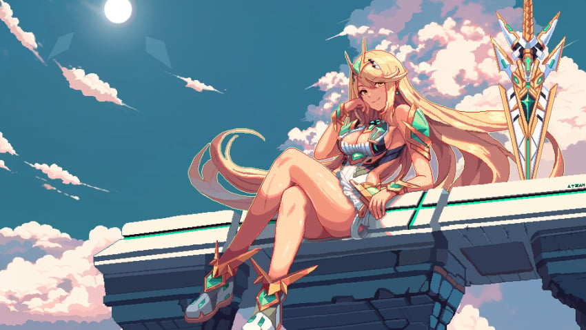 1girls bare_shoulders blonde_hair blue_sky chest_jewel cleavage cleavage_cutout clothing_cutout cloud core_crystal crossed_legs dress earrings floating_hair full_body high_res itzah jewelry long_hair looking_at_viewer medium_breasts microdress mythra pixel_art sitting sky smile sun swept_bangs sword tiara weapon white_dress white_footwear xenoblade_(series) xenoblade_chronicles_2 yellow_eyes