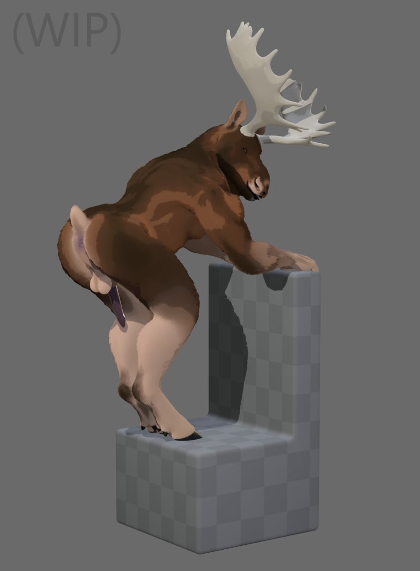 absurd_res anthro antlers anus arkadios ass balls brown_body chair deer digital_media_(artwork) digitigrade fingers furniture genitals hi_res hooves horn looking_at_viewer male mammal moose new_world_deer penis_tuck simple_background solo tail tongue tongue_out unfinished