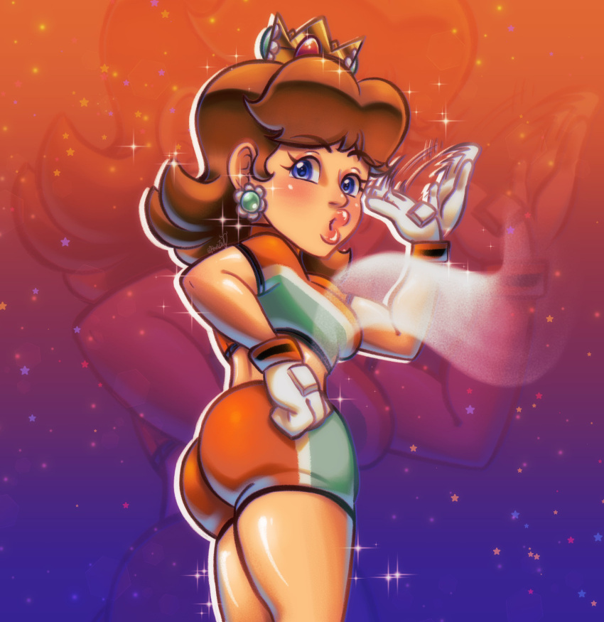 ass blue_eyes breasts brown_hair daisy's_hot_stuff_(trend) english_text female gloves half-closed_eyes hand_on_own_hip highres large_breasts legs looking_at_viewer looking_back mario_(series) midriff multiple_views nin10ja nintendo open_mouth orange_shorts princess_daisy profanity seductive_gaze seductive_smile short_hair shorts sideboob smile sniffable_ass soccer soccer_uniform solo sportswear super_mario_strikers teeth thighs tomboy tongue