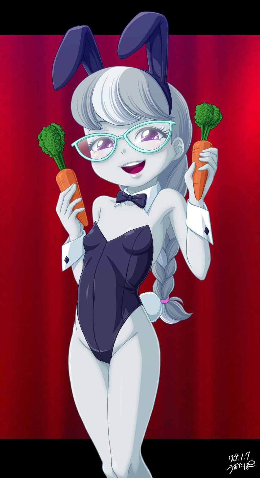 1girls bunny_ears bunny_girl bunny_tail bunnysuit carrot equestria_girls holding_object looking_at_viewer my_little_pony only_female silver_spoon_(mlp) smile standing uotapo