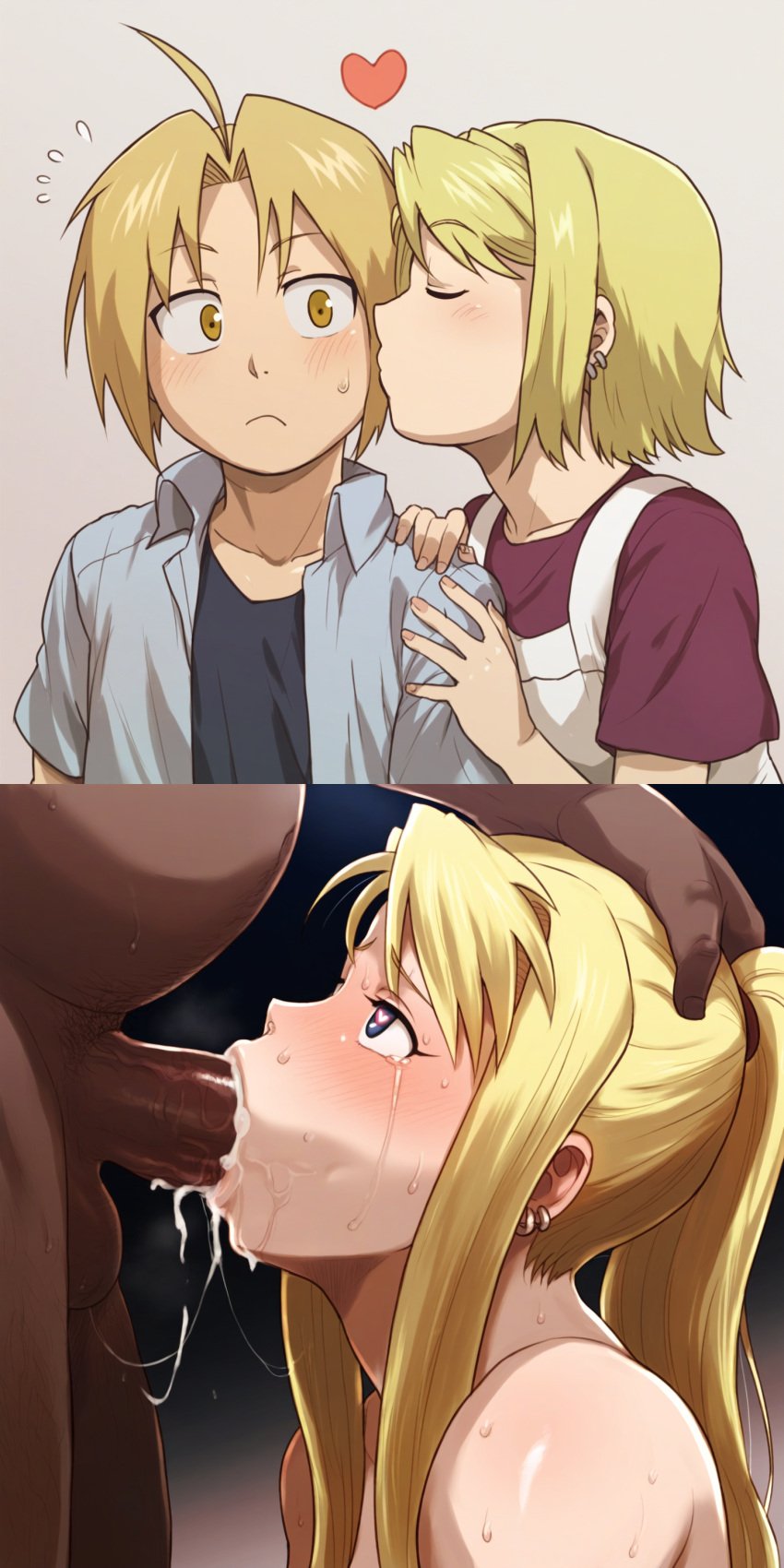 1girls 2boys :&gt;= ai_generated blonde_hair blue_eyes cheating crying crying_with_eyes_open cum_in_mouth cum_out_nose dark-skinned_male deepthroat edward_elric fat_male fat_man fellatio female fullmetal_alchemist fullmetal_alchemist_brotherhood hand_on_head human innocent interracial kissing light-skinned_female male multiple_boys netorare ponytail sucking sucking_penis winry_rockbell