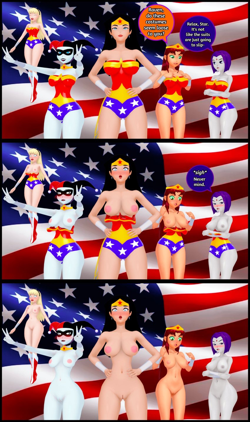 3d 5girls american_flag batman:_the_animated_series batman_(series) blush breasts completely_naked completely_naked_female completely_nude completely_nude_female dc dc_comics embarrassed embarrassed_nude_female english_text female female_only harley_quinn harley_quinn_(classic) harley_quinn_(dcau) justice_league koikatsu koriand'r multiple_girls nude peterjobless62 raven_(dc) starfire supergirl supergirl_(dcau) superman_(series) tamaranean teen_titans text wardrobe_malfunction wonder_woman wonder_woman_(dcau) wonder_woman_(series)