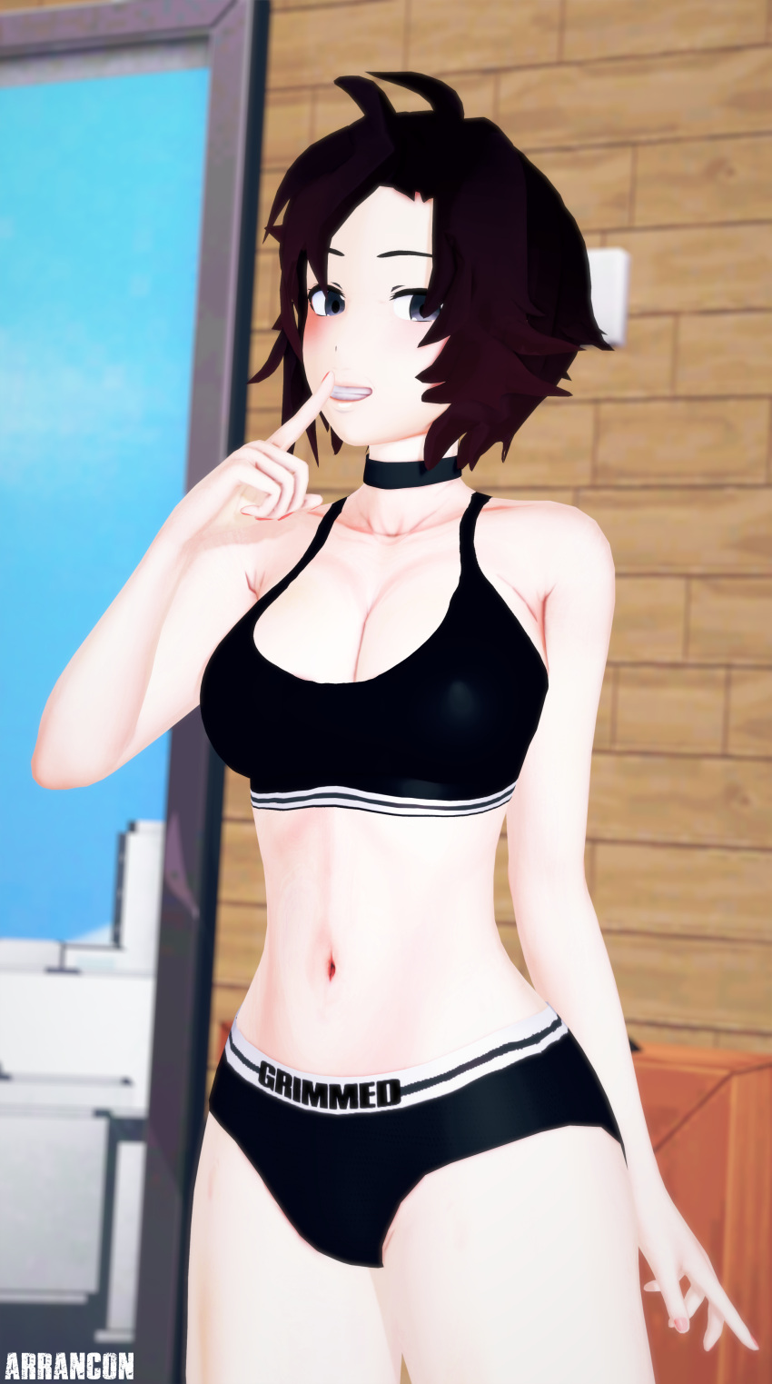 1girls 3d arrancon black_hair black_hair_female cleavage female_only grimmed gym_clothes gym_shorts gym_uniform red_highlights ruby_rose rwby short_shorts silver_eyes solo_female