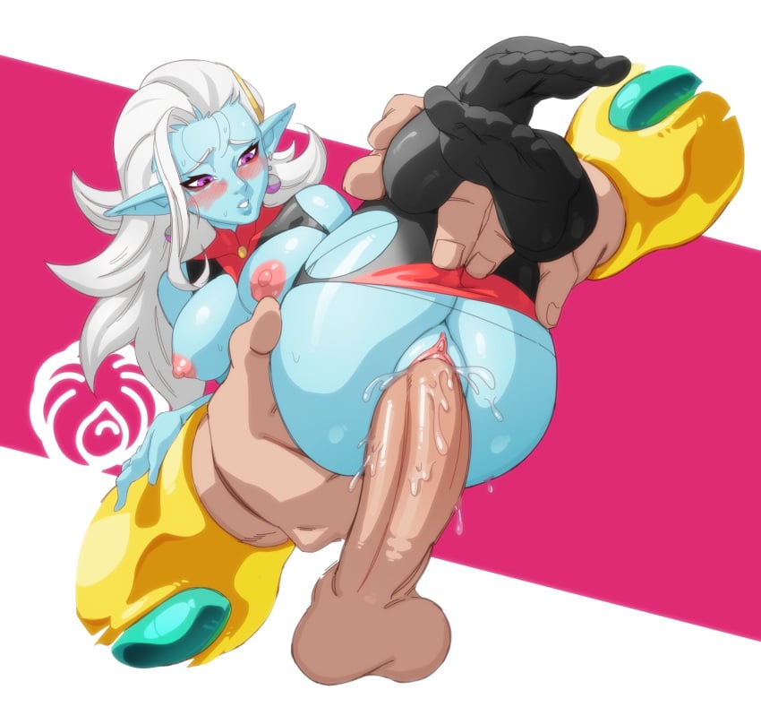 1boy ass bare_shoulders blue_skin blush breasts broly_(dragon_ball_z) colored_skin commission dragon_ball dragon_ball_heroes dragon_ball_z earrings female full_body giant_hand grey_hair highres jewelry large_breasts long_hair mlix nipples pointy_ears purple_eyes pussy sex simple_background straight testicles torn_clothes towa_(dragon_ball) vaginal_penetration