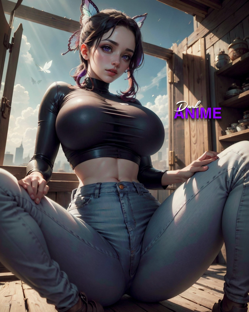 ai_generated black_hair darkanime_ai darkartsai denim denim_jeans huge_breasts legs_apart legs_spread looking_at_viewer midriff purple_eyes purple_hair