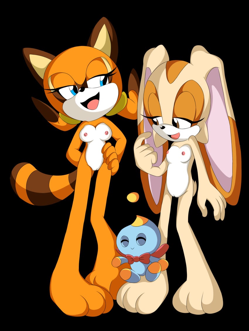 1boy 2girls black_background blue_eyes brown_eyes cheese_the_chao cleft_of_venus completely_nude cream_the_rabbit cub female_focus furry furry_female j_nsfw marine_the_raccoon nipples nude open_mouth orange_fur pussy simple_background small_breasts sonic_(series) sonic_team sonic_the_hedgehog_(series) tail yuri