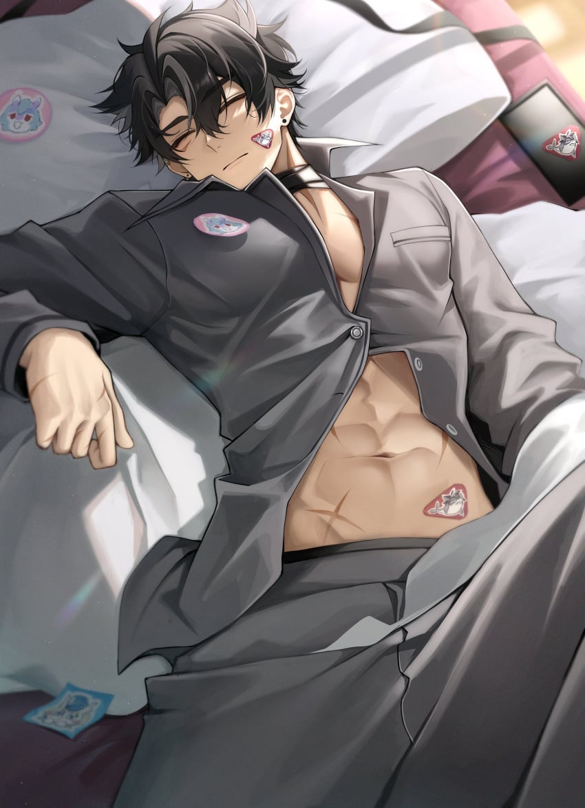 1boy bare_stomach bed bedroom black_hair blanket genshin_impact hoyoverse male male_only muscular pajamas phone pillow scar sleeping solo solo_male sticker wriothesley_(genshin_impact)