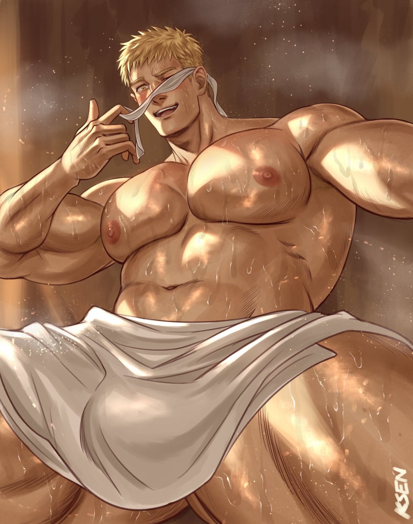 1boy abs bara bara_tiddies bara_tits belly biceps big_bulge big_muscles big_pecs blonde blonde_hair blush blushing bulge busty busty_boy delicious_in_dungeon dungeon_meshi excessive_sweat heavy_sweating huge_pecs human human_only k_sen212 laios_touden legs_apart light-skinned_male light_skin looking_at_viewer male male_chest male_nipples male_only manboobs moobs mouth_open muscles muscular muscular_male muscular_thighs nipples one_eye_closed open_mouth pecs pink_nipples sauna sauna_bench solo solo_focus solo_male steam steaming steaming_body steamy sweat sweatdrop sweating sweaty thick_thighs towel towel_around_waist towel_only wet white_towel yellow_eyes