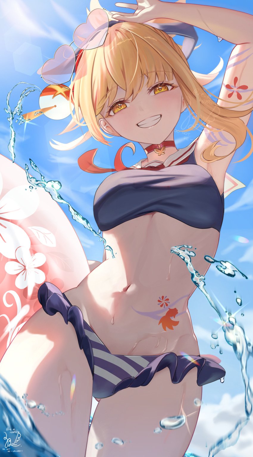 armpits arms_up beach bikini blonde_hair choker cloud fish_tattoo genshin_impact hoyoverse sky sunglasses sunglasses_on_head tattoo water water_drop yellow_eyes yoimiya_(genshin_impact)