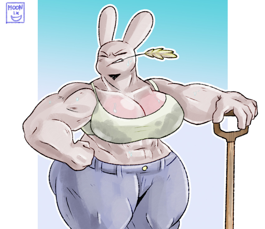 
absurd_res 
anthro big_breasts bodily_fluids bottomwear breasts butt clothing denim denim_bottomwear denim_clothing female hi_res huge_breasts jeans leporid mammal mature_anthro moonix_xero musclegut muscular muscular_anthro muscular_female muscular_thighs pants rabbit shovel standing sweat sweat_body tagme
lagomorph thick_thighs tools topwear wide_hips