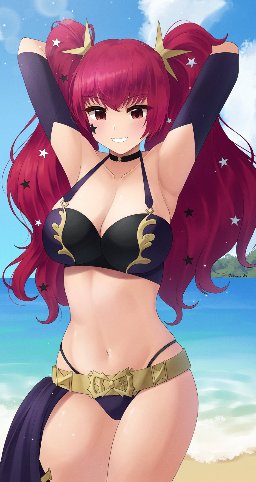 1girls alternate_costume alternate_hairstyle armpits arms_up belt bikini black_bikini black_choker breasts choker cleavage collarbone cowboy_shot detached_sleeves doiparuni facial_mark female female_only fire_emblem fire_emblem_engage highres large_breasts long_hair navel nintendo purple_bikini purple_hair purple_swimsuit solo standing star_(symbol) stomach swimsuit thighs twintails very_long_hair yunaka_(fire_emblem)