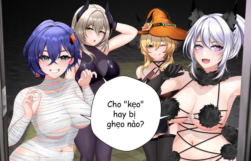 belle_(zenless_zone_zero) d.d.g doorway genshin_impact halloween halloween_costume halloween_theme honkai:_star_rail honkai_(series) honkai_impact_3rd kiana_kaslana kiana_kaslana_(herrscher_of_the_void) large_breasts long_hair looking_at_viewer lumine_(genshin_impact) multiple_girls mummy_costume short_hair smile stelle_(honkai:_star_rail) succubus translated trick_or_treat vietnamese_text werewolf_girl witch_costume zenless_zone_zero