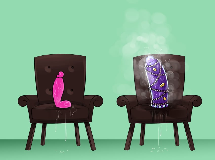 after_orgasm anal_beads anal_juice_on_dildo armchair beads bodily_fluids chair dildo egg_vibrator floor huge_dildo ota_(artist) pink_dildo purple_dildo simple_background size_difference wall