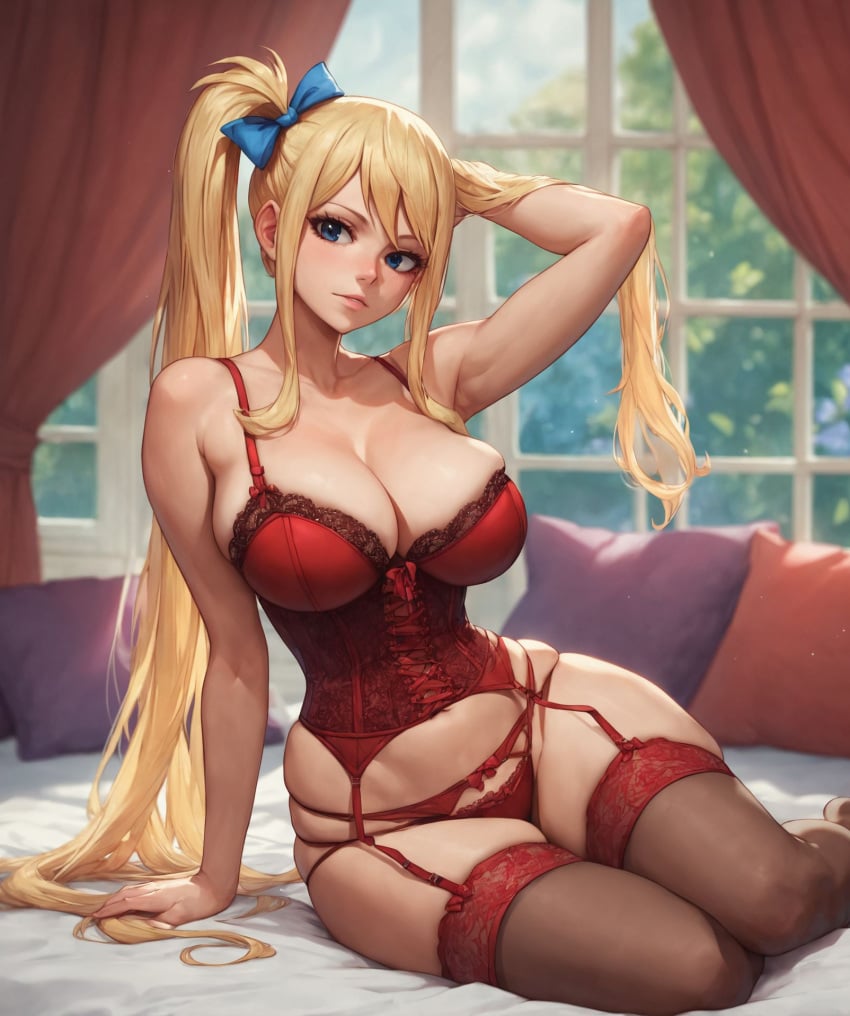 1girls ai_generated alex-schura arm_support bangs bare_shoulders bed bedroom blonde_hair blue_eyes blush bow bra breasts clavicle cleavage clothing completely_nude corset curtains curvaceous curvaceous_female curvaceous_figure curvy curvy_figure fairy_tail female female_focus female_only garter_belt garter_straps hair_ornament hairbow indoors inviting lace lace_trim large_breasts legwear lingerie lips long_hair looking_at_viewer lucy_heartfilia navel on_bed pantsu parted_lips pillow ponytail red_bra red_panties red_underwear side_ponytail sidelocks sitting solo stockings thighhighs thighs tied_hair twintails underwear underwear_only very_long_hair voluptuous voluptuous_female window yokozuwari