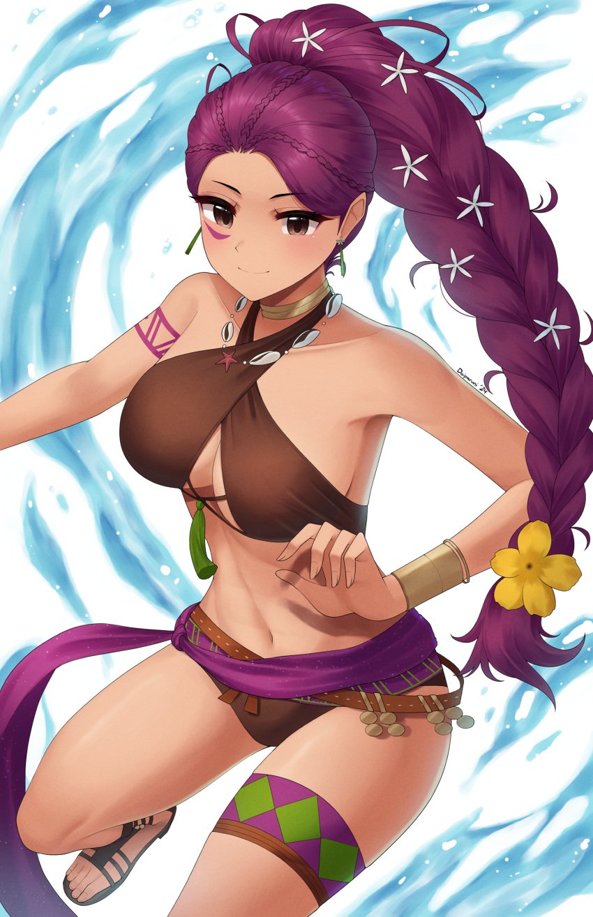 1girls alternate_costume bikini braid braided_ponytail breasts brown_bikini brown_eyes brown_swimsuit cleavage dark-skinned_female dark_skin doiparuni facial_tattoo female female_only fire_emblem fire_emblem:_three_houses fire_emblem_heroes flower hair_flower hair_ornament highres large_breasts long_hair nintendo official_alternate_costume petra_macneary petra_macneary_(summer) purple_hair solo swimsuit tattoo thigh_strap underboob very_long_hair