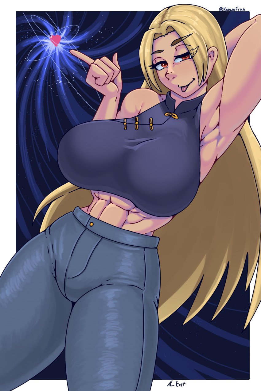 abs armpits blonde_hair female jeans jujutsu_kaisen knownfran red_eyes yuki_tsukumo