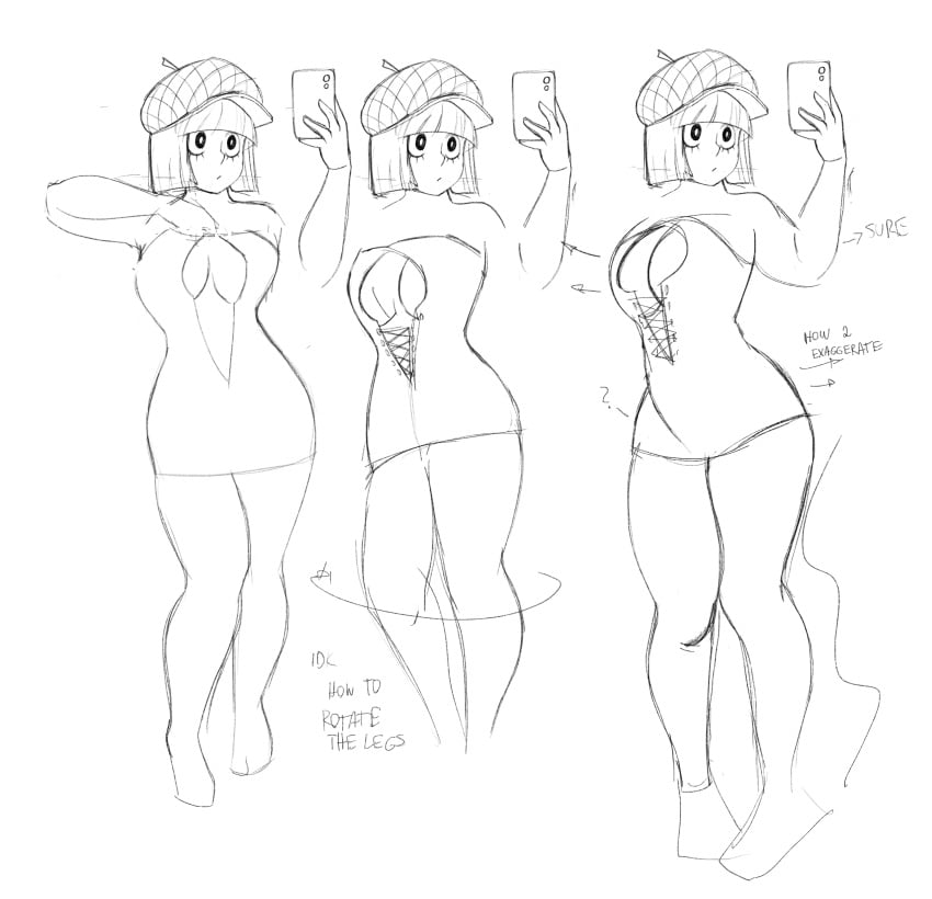 1girls bretta_(capydiem) capydiem female female_focus female_only humanoid keyhole monochrome original_character reference_image reference_sheet selfie selfie_pose sketch solo solo_female