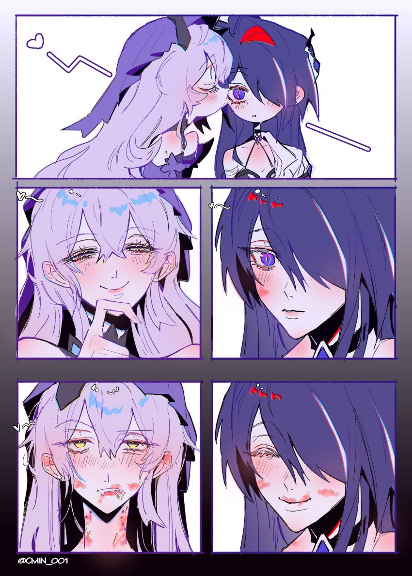 2girls acheron_(honkai:_star_rail) bite_mark bite_mark_on_neck black_swan_(honkai:_star_rail) cmin_001 female/female female_only headwear honkai:_star_rail honkai_(series) hoyoverse kissing kissing_cheek kissing_neck lipstick lipstick_mark multiple_girls pink_hair purple_eyes purple_hair rough_kiss smile yuri