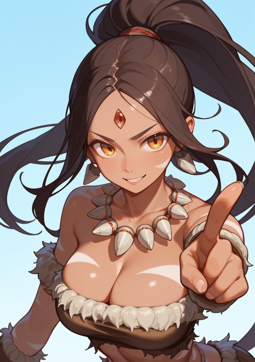 1female 1girl 1girls abs ai_generated brown_hair brown_hair_female dark-skinned_female dark_skin ear_piercing ear_piercings ear_ring ear_rings earring earrings female female_abs female_solo forehead_gem forehead_jewel gem_on_forehead hi_res high_res high_resolution highres jewel_on_forehead league_of_legends looking_at_viewer nidalee orange_eyes orange_eyes_female pointing pointing_at_viewer ponytail ponytail_female price_last(artist) riot_games simple_background skimpy skimpy_clothes skimpy_costume skimpy_outfit skimpy_panties skimpy_underwear solo_female solo_focus tooth_necklace tribal_markings tribal_tattoo tribal_tattoos