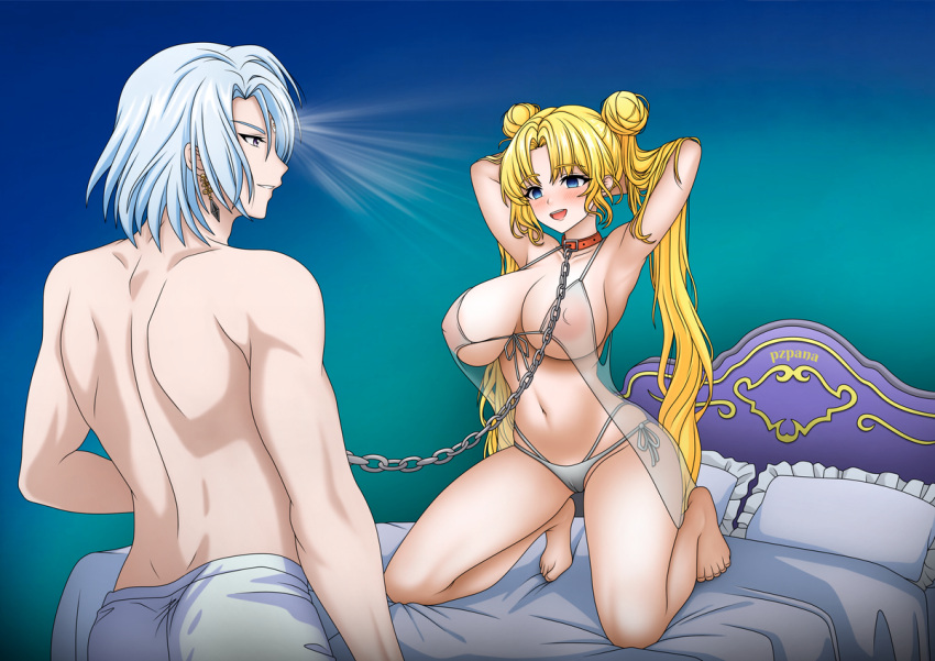 armpits arms_above_head bangs bare_legs barefoot bed bishoujo_senshi_sailor_moon blonde_hair blue_eyes breasts chains collar collar_and_leash collarbone earrings empty_eyes eyebrows_visible_through_hair femsub gradient_background hair_buns hand_on_head hypnotic_light kneeling large_breasts leash maledom navel negligee nipples open_mouth panties pants posing prince_demande pzpana sailor_moon see-through short_hair silver_hair simple_background smile straight tagme topless underwear usagi_tsukino very_long_hair