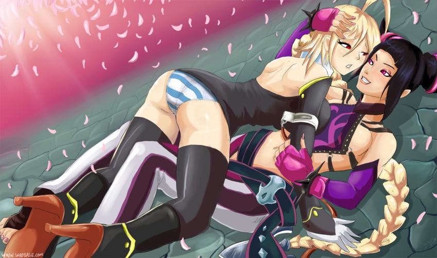 ass blazblue blue_striped_panties crossover female female_only human juri_han lambda-11 multiple_females multiple_girls panties shadman shimapan street_fighter striped_panties thighhighs yuri