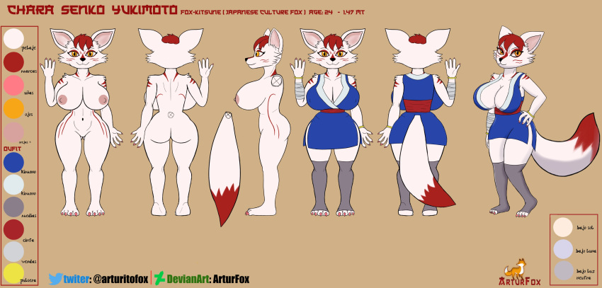 3_toes 4_fingers absurd_res anthro arturfox ass big_breasts breasts canid canine chara_senko_yukimoto clothed clothing english_text feet female fingers fox front_view hair hi_res mammal model_sheet rear_view red_hair solo tail text toes white_body yellow_eyes