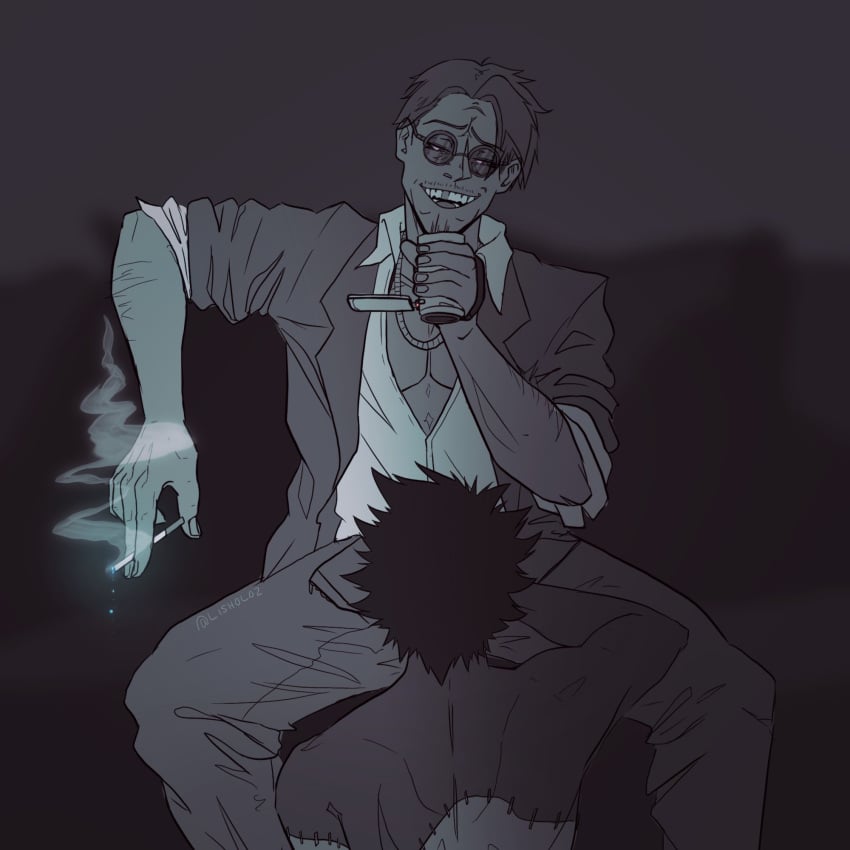 2boys between_legs boku_no_hero_academia cigarette dabi filming gay giran_(my_hero_academia) glasses implied_oral kneeling_oral_position legs_apart lisholo male male/male male_only my_hero_academia okuta_kagerou oral recording smoking smoking_cigarette smug suggestive suggestive_pose todoroki_touya touya_todoroki video_camera villain yaoi