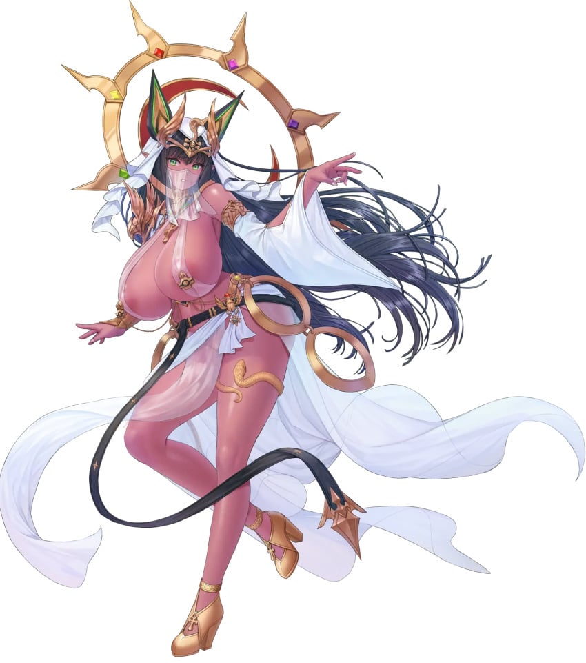 alternate_costume animal_ears black_hair blunt_bangs breasts corgi_(corgi0322) dark_skin detached_sleeves egyptian female hair_ornament harem_outfit high_heels highres huge_breasts last_origin mouth_veil no_panties official_alternate_costume official_art pasties pelvic_curtain revealing_clothes see-through sekhmet_of_death transparent_background usekh_collar veil wide_sleeves