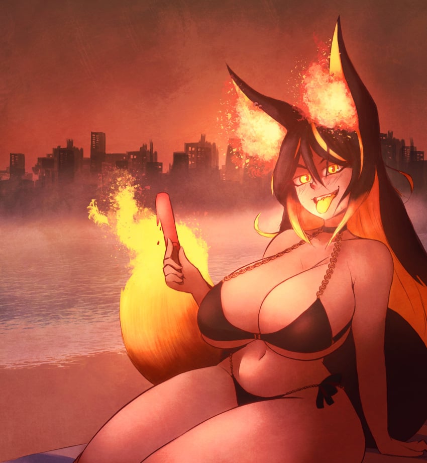 1girls animal_ears beach big_breasts bikini breasts critnuke female hellhound indie_virtual_youtuber popsicle sinder_(vtuber) tail virtual_youtuber wolf_ears wolf_girl wolf_tail