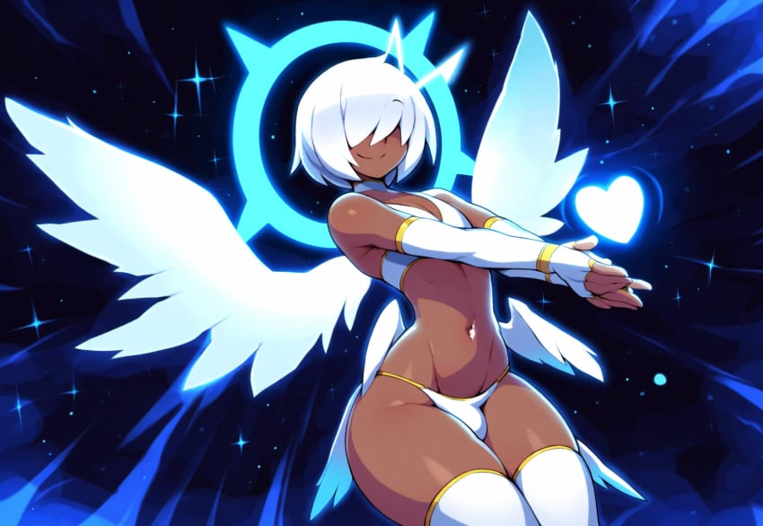 1boy 2024 2d 2d_(artwork) ai_generated alriel angel angel_boy angel_wings bulge dark-skinned_male dark_skin divine_slut femboy femboy_only girly hair_covering_eyes halo heart mullon novelai sissy solo space thick_thighs trap