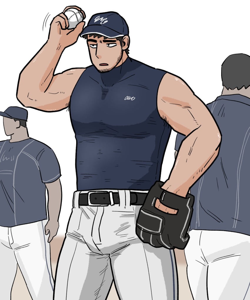 armpit_hair bara baseball baseball_cap baseball_uniform biceps bulge clothing jongari222 male male_only muscular_male pecs tight_clothing