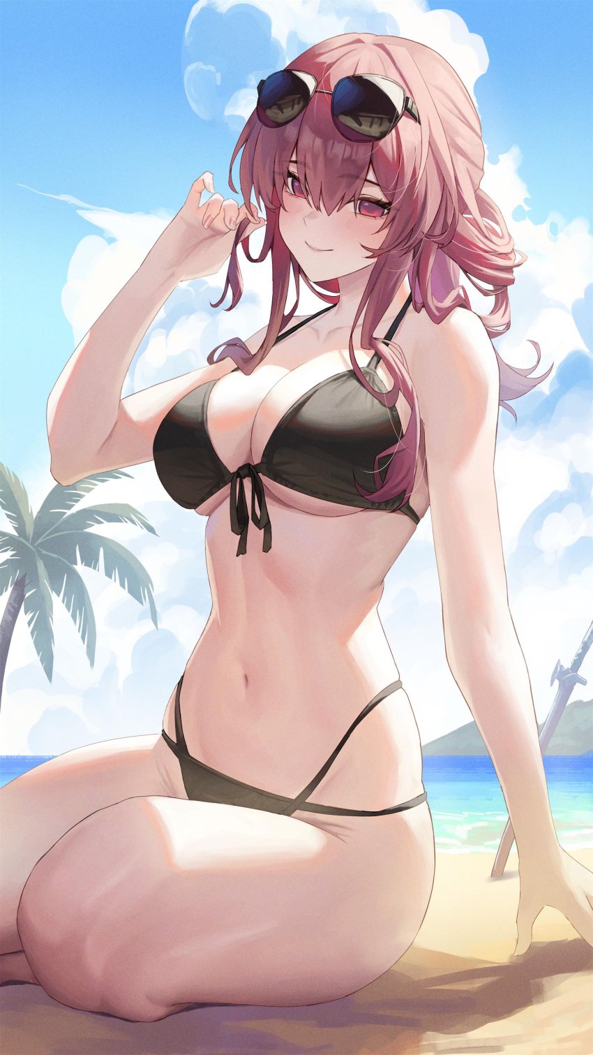 1girls bare_legs barefoot beach bikini cloud female_only honkai:_star_rail honkai_(series) kafka_(honkai:_star_rail) katana kneeling large_breasts looking_at_viewer navel ocean palm_tree sand sitting sky smile sunglasses sunglasses_removed swimsuit