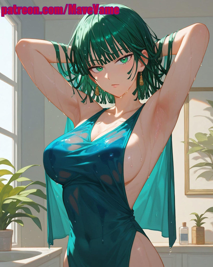 ai_generated armpits arms_up bathing_suit earrings fubuki_(one-punch_man) green_eyes green_hair hands_behind_head one-punch_man slender_body wet wet_clothes