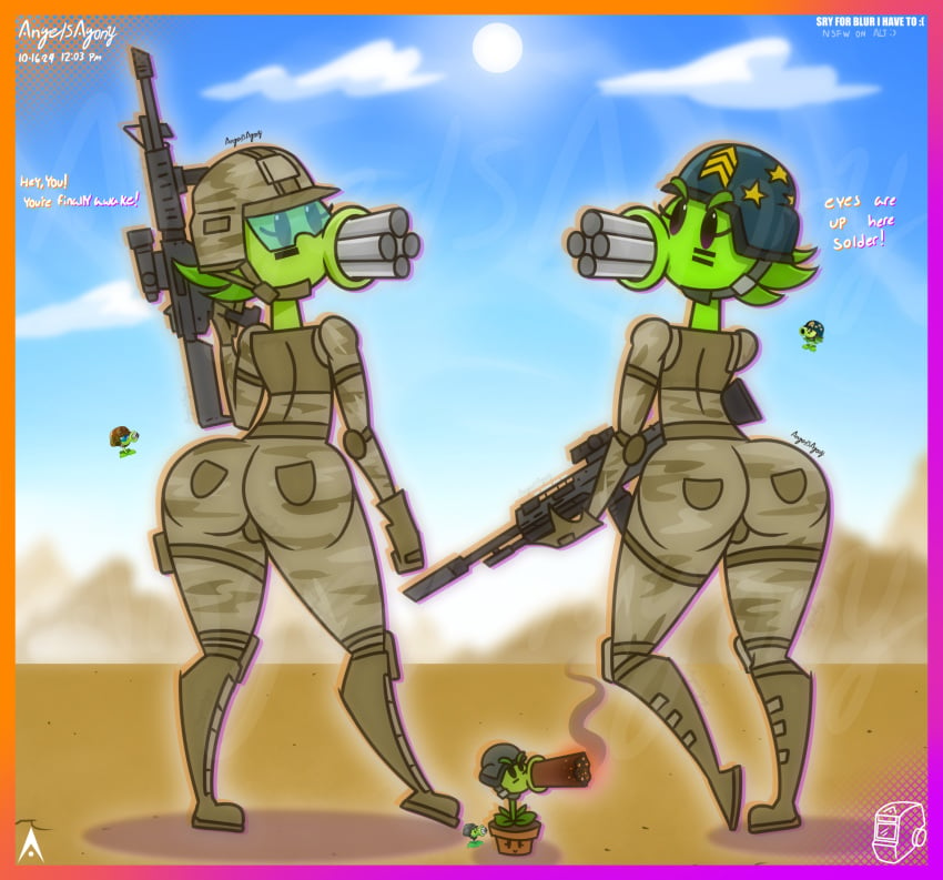 2d_(artwork) agonywelds ass big_ass curvy gatling_pea_(pvz) gun looking_at_viewer mega_gatling_pea_(pvz) military_uniform peashooter_(pvz) plants_vs_zombies presenting pvz rifle talking_to_viewer text thick_ass thick_thighs thighs wide_hips