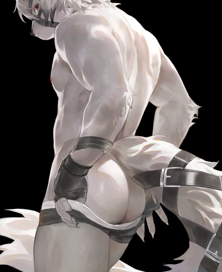 1boy anthro back_muscles back_view big_ass body_toned fluffy_tail gloves looking_at_viewer looking_back looking_back_at_viewer male_only putting_on_boxers putting_on_underwear thighs toned von_lycaon yuuko891 zenless_zone_zero