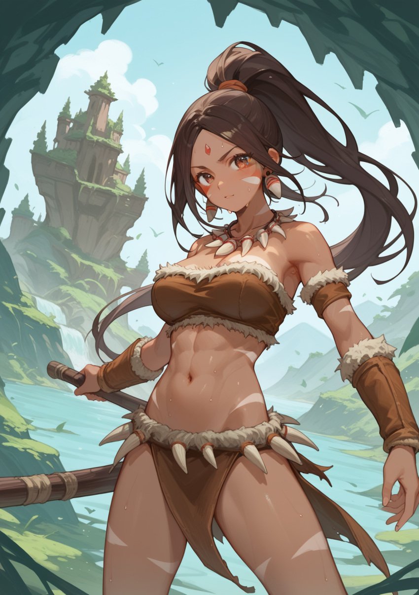 1female 1girl 1girls abs ai_generated brown_hair brown_hair_female dark-skinned_female dark_skin ear_piercing ear_piercings ear_ring ear_rings earring earrings female female_abs female_solo forehead_gem forehead_jewel forest forest_background gem_on_forehead hi_res high_res high_resolution highres jewel_on_forehead jungle jungle_background league_of_legends looking_at_viewer nidalee orange_eyes orange_eyes_female ponytail ponytail_female price_last(artist) riot_games skimpy skimpy_clothes skimpy_costume skimpy_outfit skimpy_panties skimpy_underwear solo_female solo_focus tooth_necklace tribal_markings tribal_tattoo tribal_tattoos