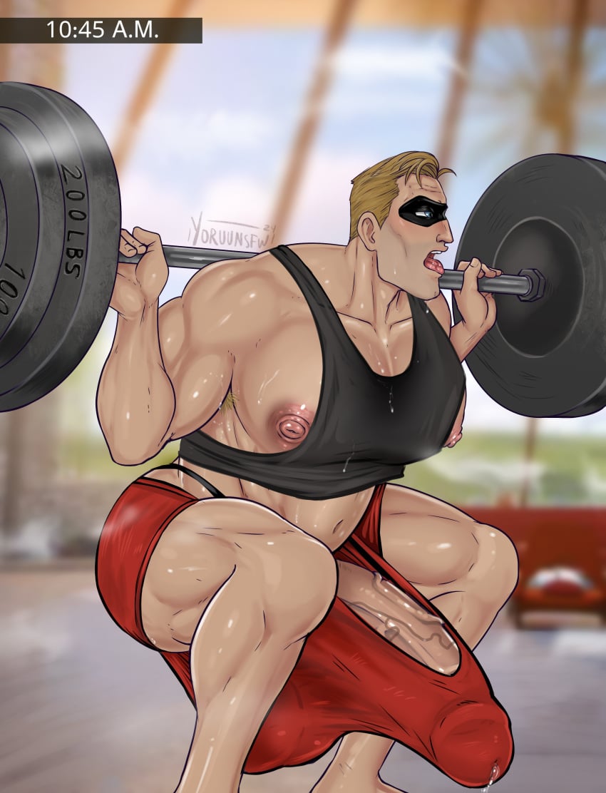 1boys bara beefy daddy disney erection huge_cock male_focus male_only manly muscle penis pixar precum robert_parr solo squatting the_incredibles weightlifting weights yoruunsfw