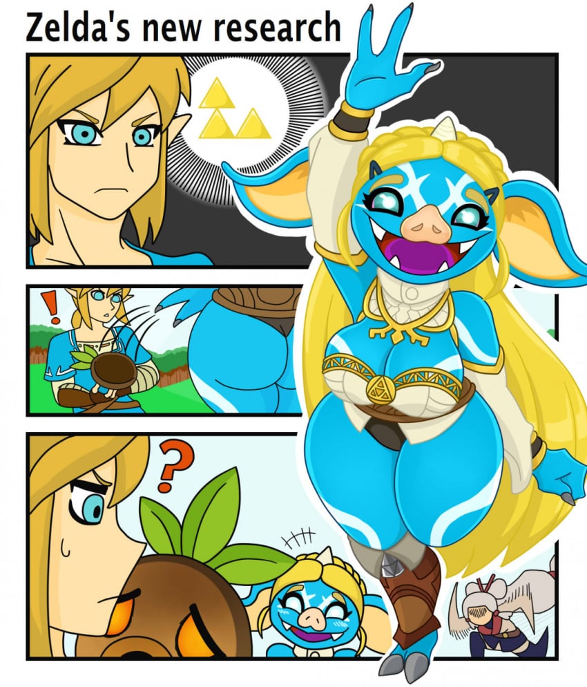 3_fingers blonde_hair blue_bokoblin blue_skin bokoblin breath_of_the_wild hooved_feet hooves implied_transformation link link_(breath_of_the_wild) long_hair monster_girl pig_nose post_transformation princess_zelda shortstack the_legend_of_zelda transformation urusee584 white_markings wide_hips zelda_(breath_of_the_wild)